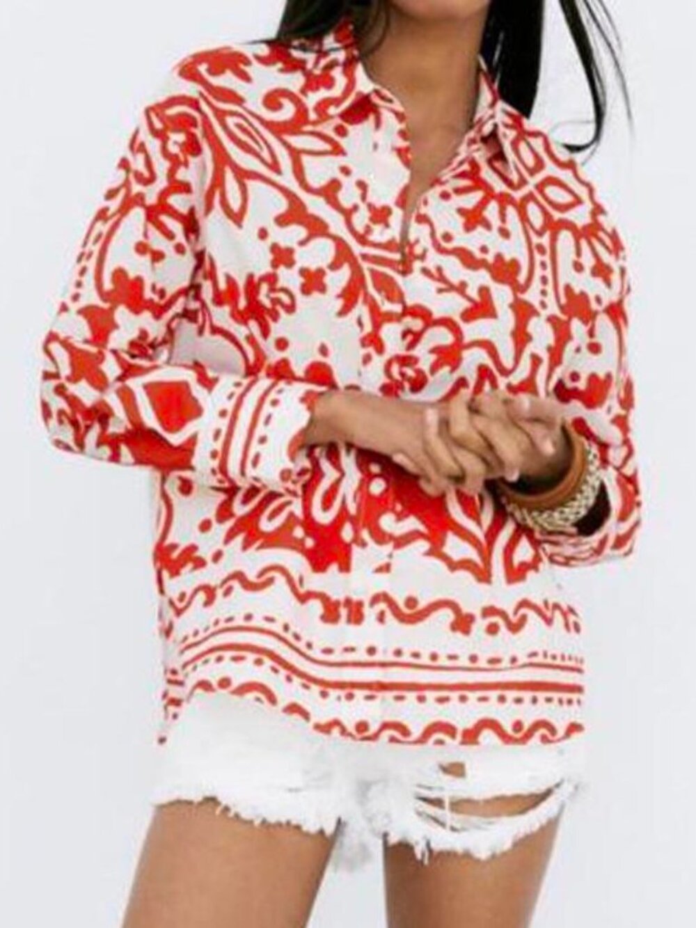 Zara Red White Abstract Print Button Down Shirt M